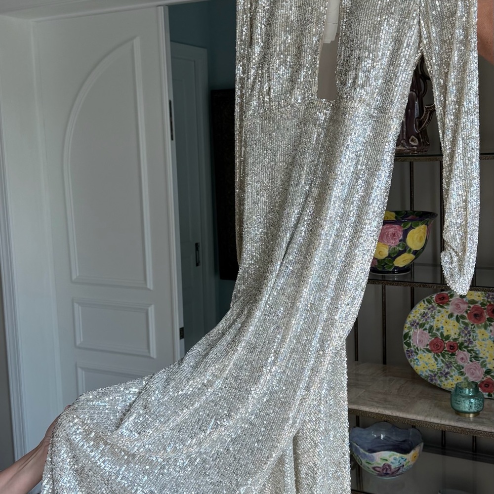 Nicole Bakti Silver Sequin Backless Evening Gown